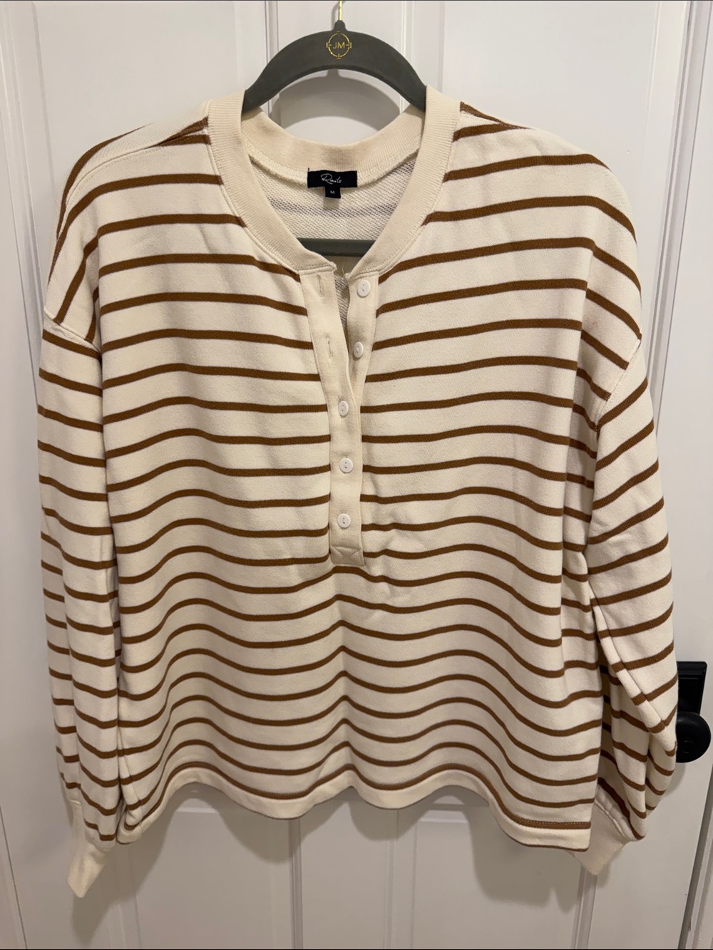 Rails Cream and Brown Striped Long-Sleeve Light Henley Sweatshirt